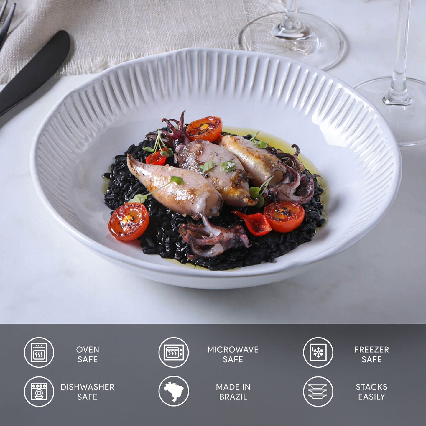 Porto Brasil NEW WHITE LINHAS SOUP PLATE STONEWARE dia. 8.86" SKU: '1361119801
