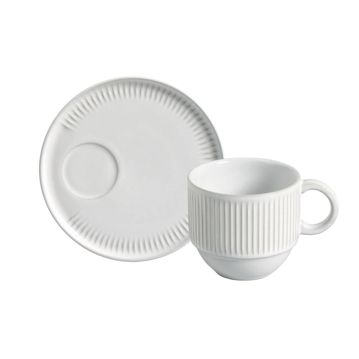 Porto Brasil NEW WHITE LINHAS STACKABLE dia. 7.78 oz. TEA CUP W/ SAUCER SKU: '36161119801