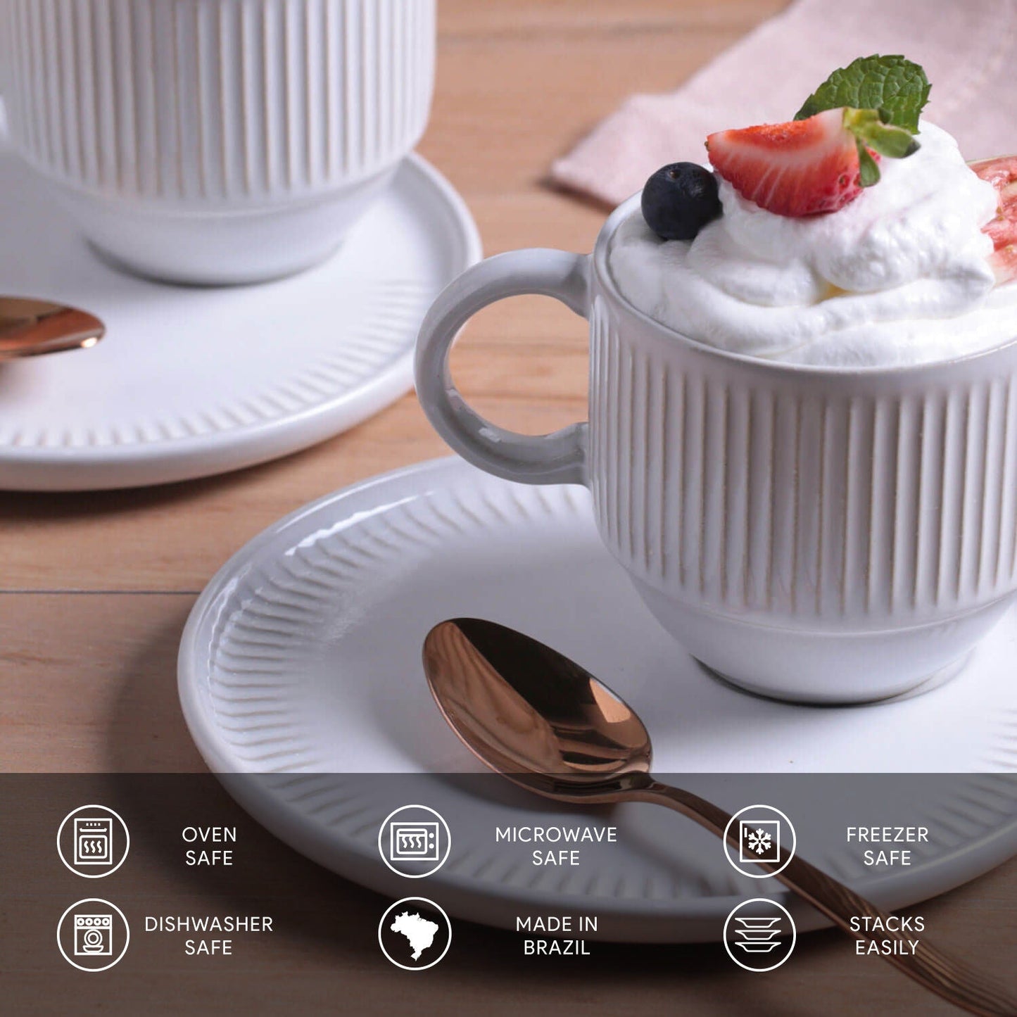 Porto Brasil NEW WHITE LINHAS STACKABLE dia. 7.78 oz. TEA CUP W/ SAUCER SKU: '36161119801