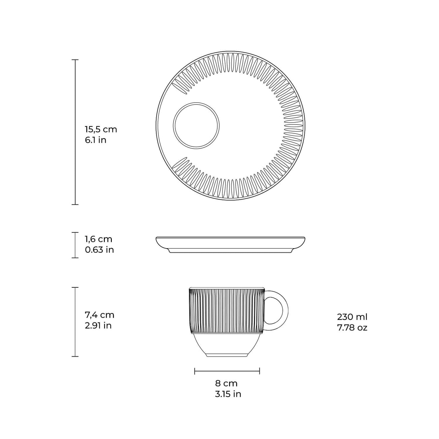 Porto Brasil NEW WHITE LINHAS STACKABLE dia. 7.78 oz. TEA CUP W/ SAUCER SKU: '36161119801