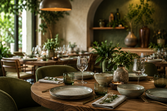 Discover why restaurants are choosing stoneware, warm wood, soft green palettes, and natural materials to create calmer, warmer, and more inviting dining spaces.