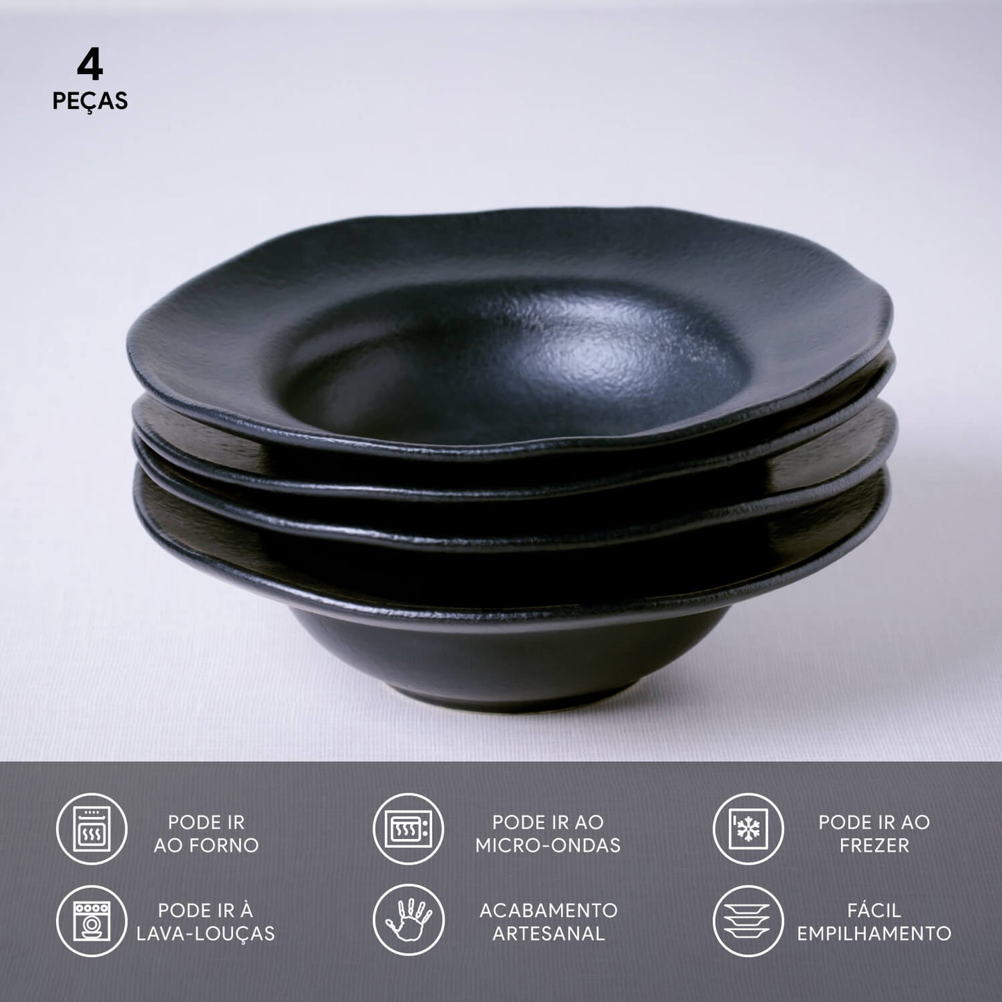 Porto Brasil MATTE BLACK DEEP RIM PLATE  STONEWARE dia. 7.48x2.17"  SKU: '1601473901